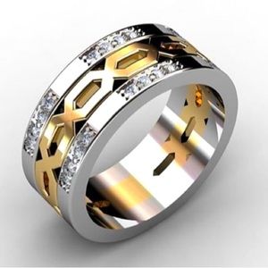 Handsome 18K Gold 925 Sterling Silver Inlaid Diamond Two-Toned Men’s Ring Sz 7.5